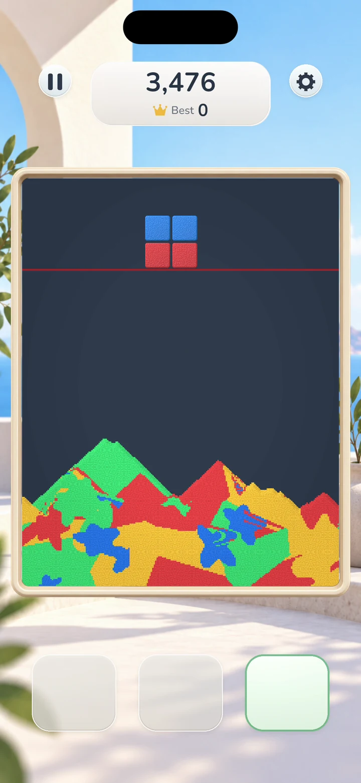 Falling Sand demo at 3,476 points, with a square block made of blue and red above a multicolored sand pile.