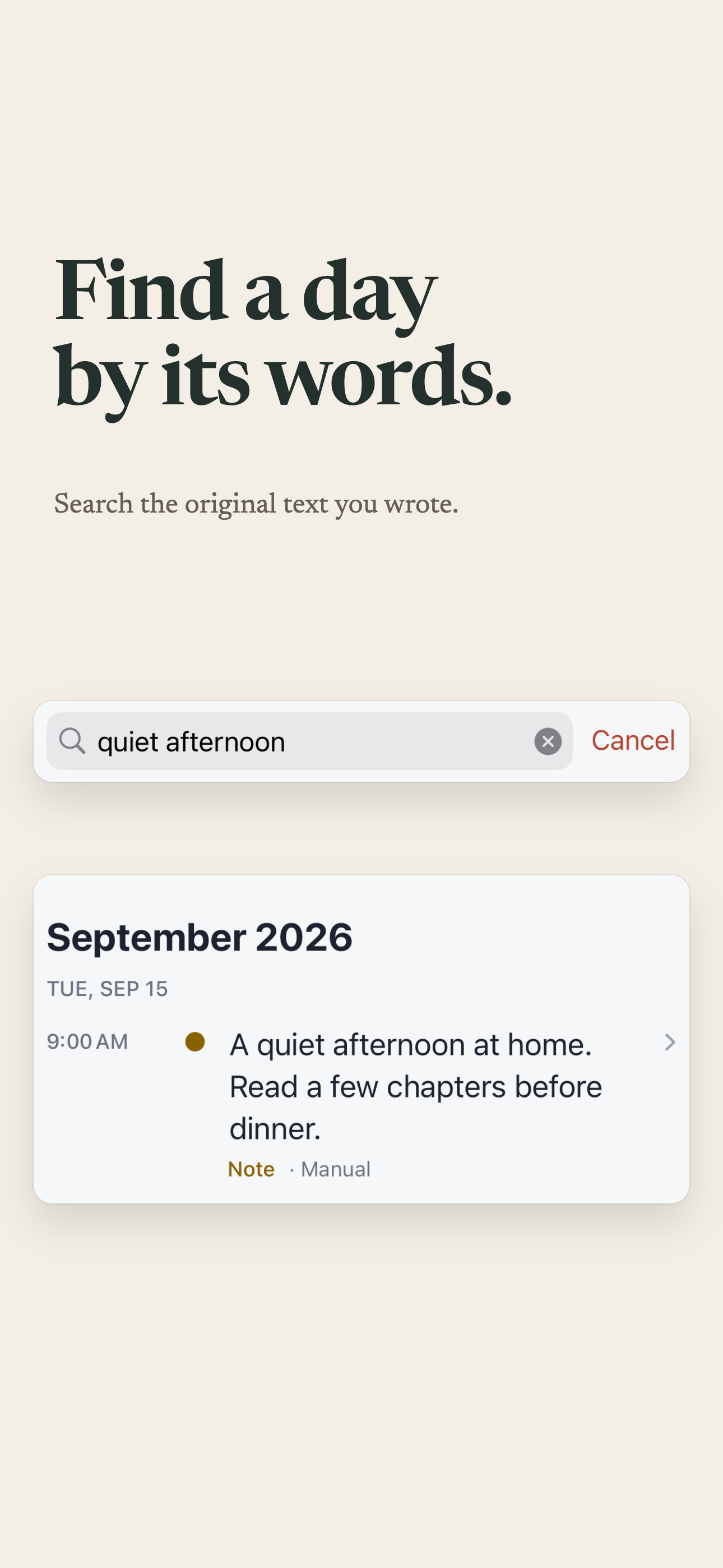 Search for the words in a past note and read the matching saved entry