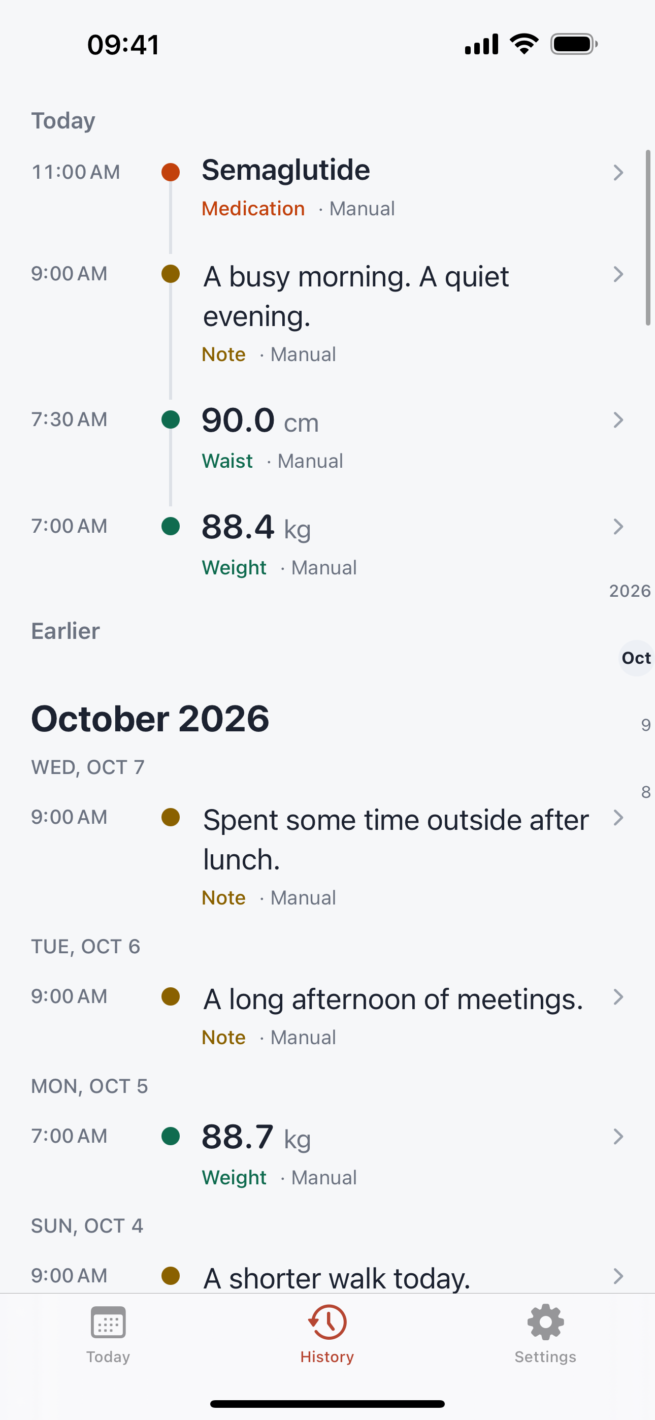 History screen showing recorded medication, notes, waist and weight by their actual dates